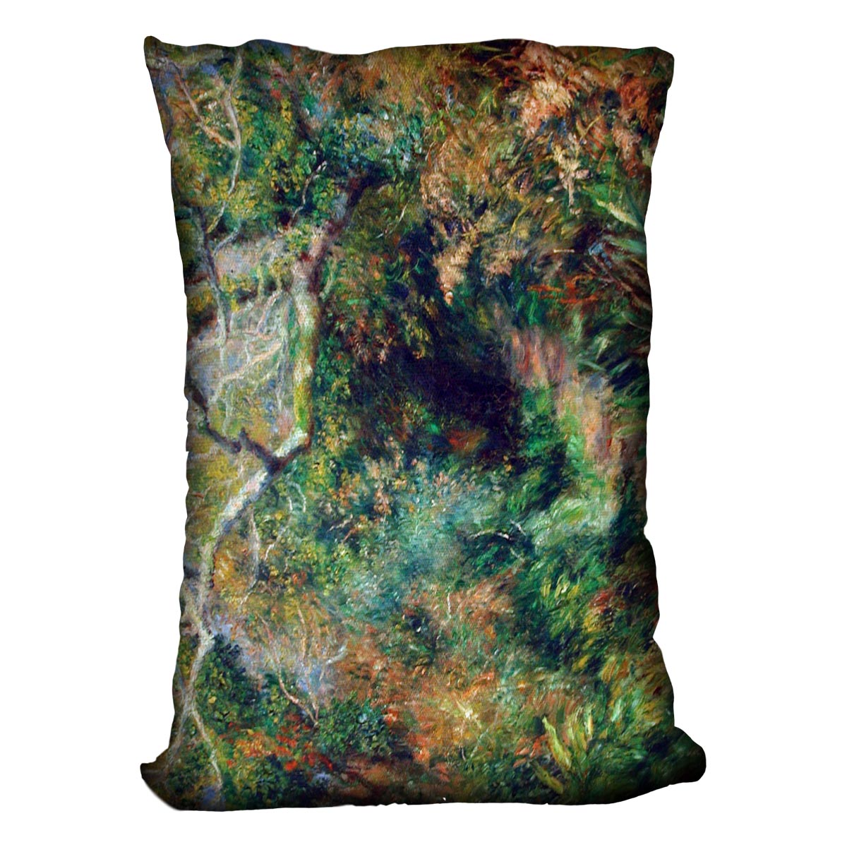 A vibrant cushion featuring Renoir's Landscape in Southern France design, made from luxurious vegan faux suede with plump filling.